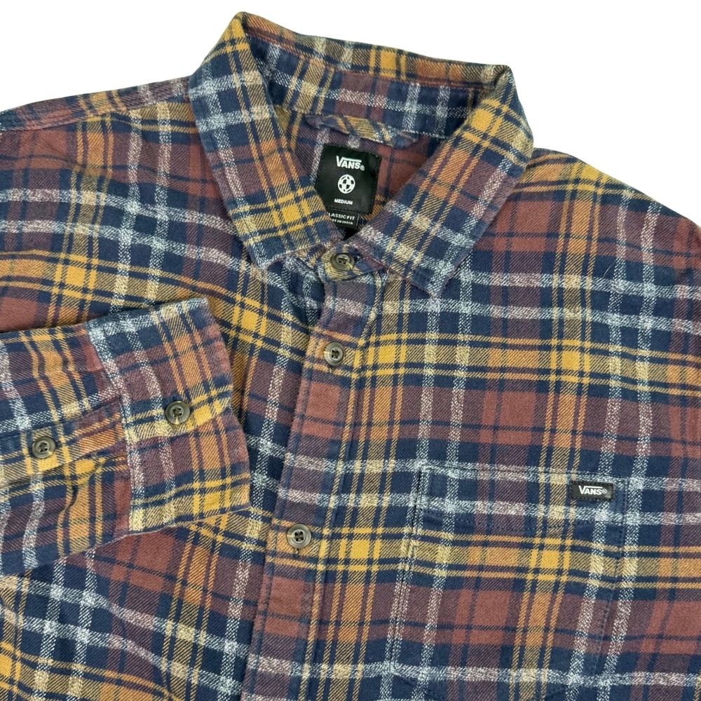 Vans Mens M Long Sleeve Shirt‎ Burgundy Gold Plaid Casual Flannel Button Down